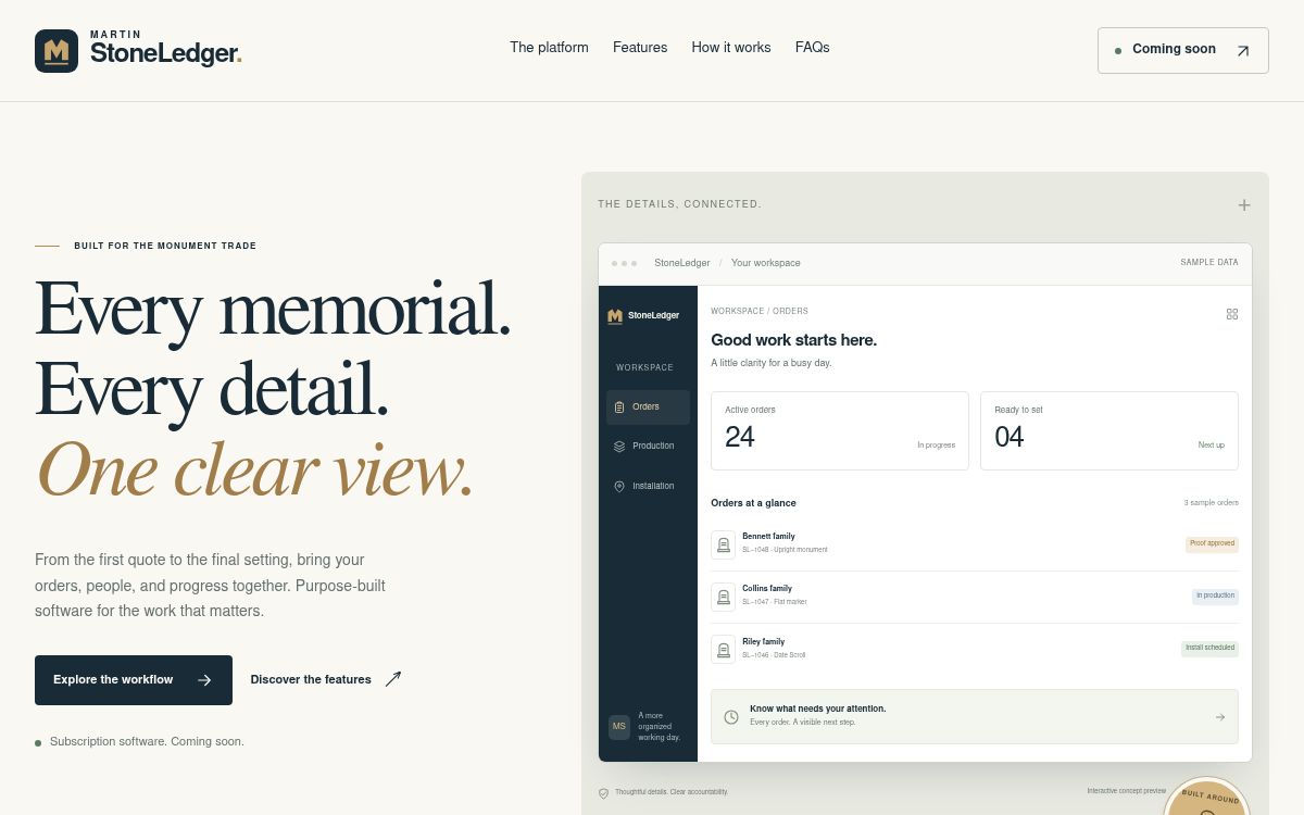 Martin StoneLedger product website introducing its business workflow software