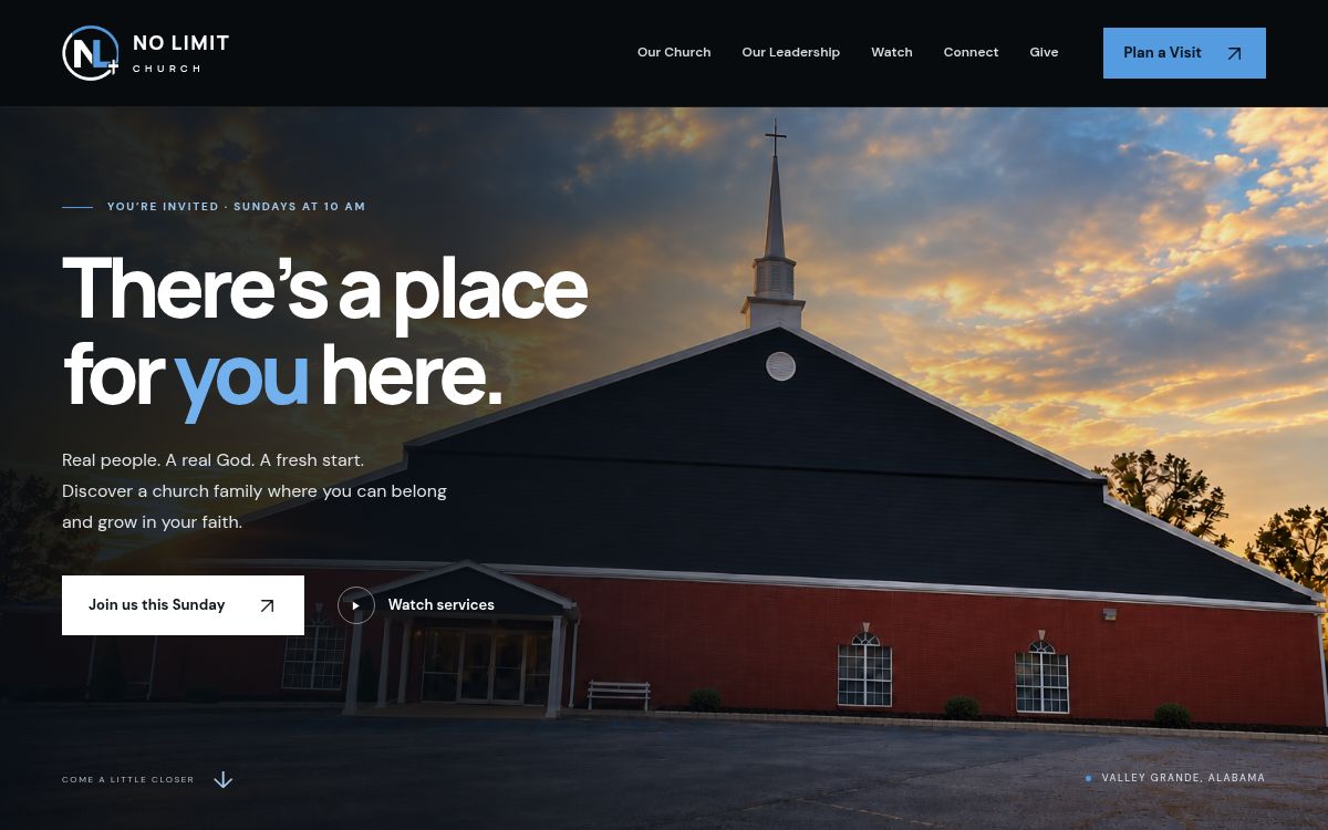 No Limit Church website design with blue accents and a welcoming church photograph