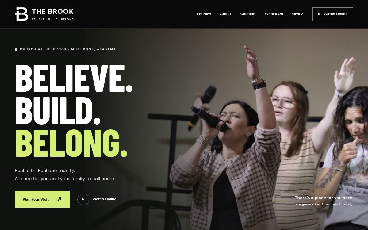 Church at the Brook website design featuring worship photography and bold typography